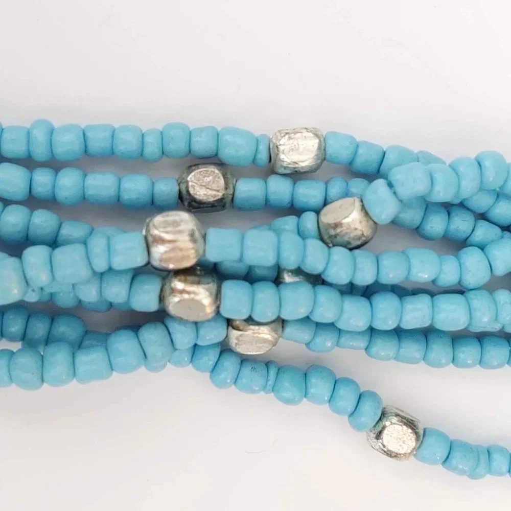 8 strand blue and silver beaded necklace